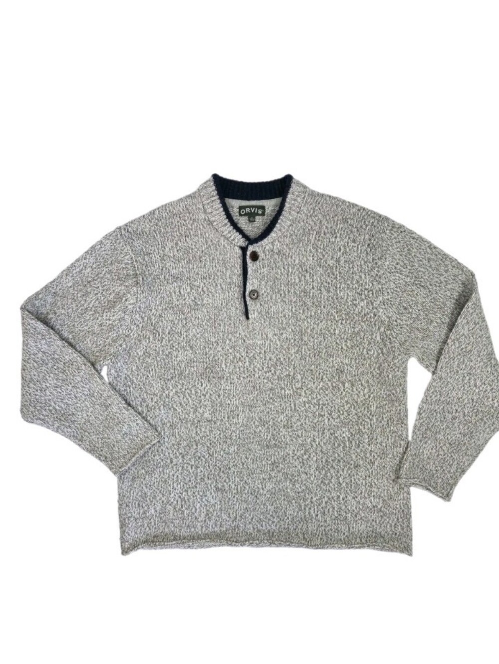 Orvis Vintage Marled Wool Blend Henley Knit Sweater Size XL Heathered Oatmeal